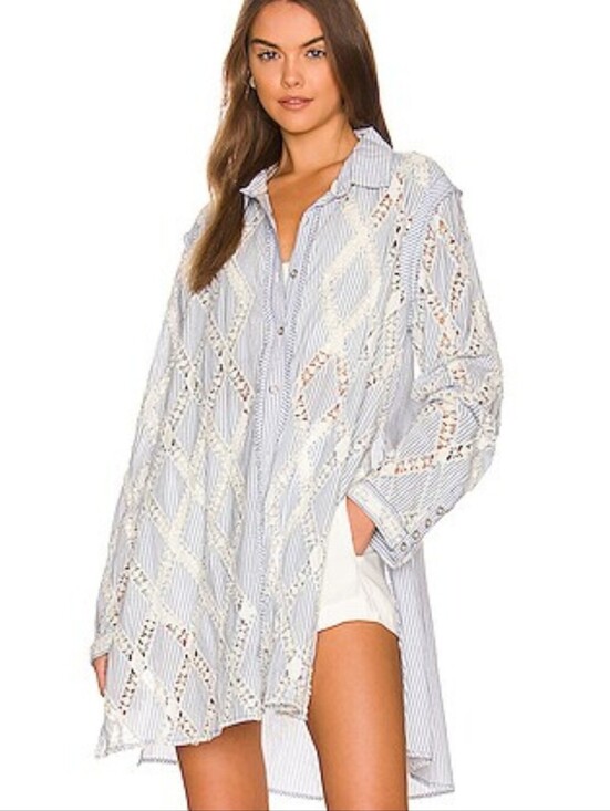 Free People Tops - NWT Free People Maldives Stripes Top Ivory & Blue Combo XS Oversized Lace Insets